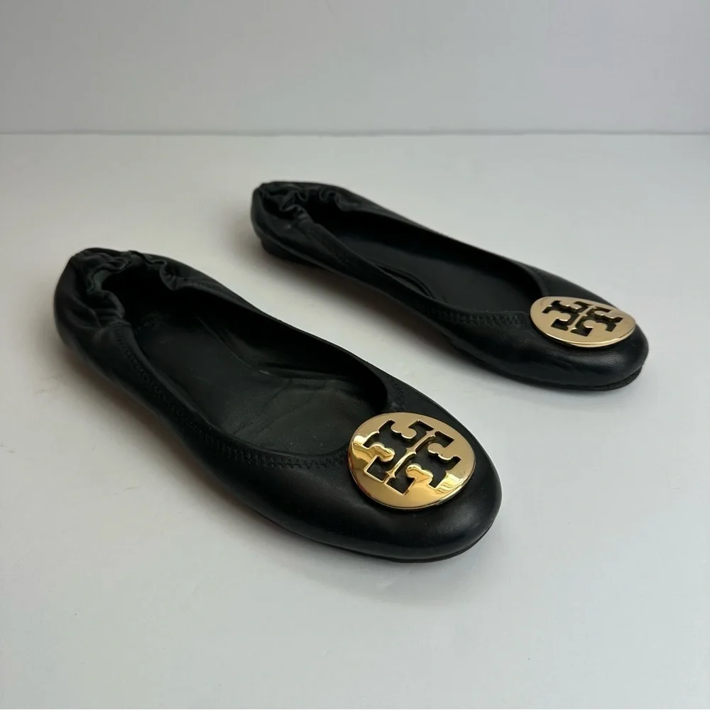Tory Burch Ballet Flats Black Women's Size 7 Shoes Black Gold Medallion Leather